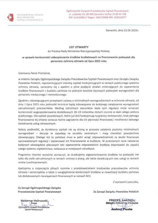 List otwarty OZPSP i ZPP do Prezesa Rady Ministrów RP